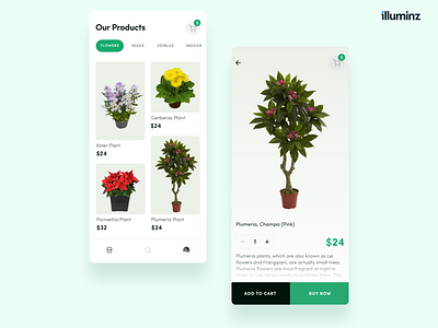Buy Plants Online android app app boxes buy now cart clean design ecommerce illuminz ios mobile app navigation bar plant plants tabs tiles ui uiux ux