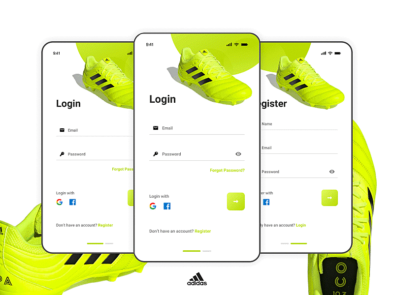 Login and Register adidas design interactiondesign login prototype register ui uidesign uiux