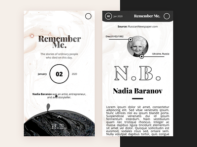 Obituary of the Day mobile app concept: Remember Me android app design article black and white branding concept illustration ios ios app iphone minimal print textures typography website wikipedia