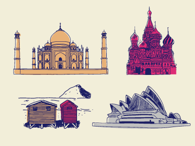 World's Places blue draw icon illustration line magenta sketch