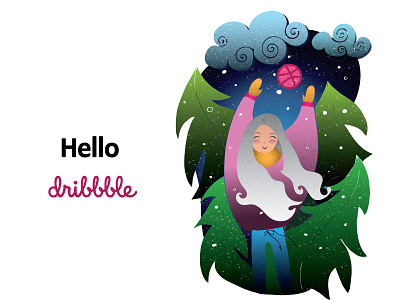 Hello dribbble! blonde character first girl happy hello dribbble illustration nature night scene snow snowing trees vector winter