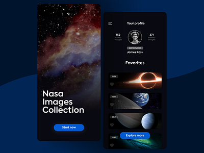 Favorites Design - Daily UI 044 app collection dailyui dailyui044 dailyuichallenge dark dark mode dark theme dark ui design favorite favorites feed heart mockup nasa photo app planets space ui