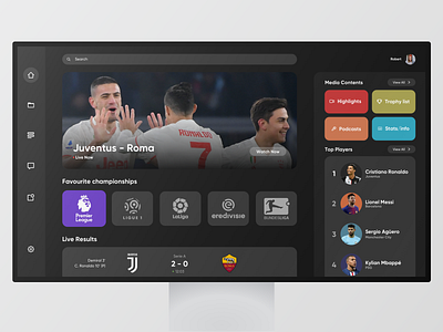 TV App Design - Daily UI 025 app big screen card dailyui dailyui025 dailyuichallenge dark mode dashboad design football minimal mockup monitor sketch sport tv tv app ui user interface ux