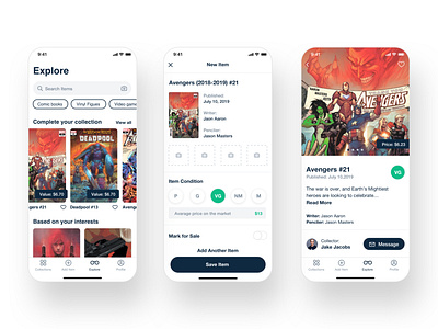 Stack Up. Collectors app. Browsing and adding items. collection comics geek inventory management market mobile ui ux