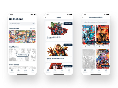 Stack Up. Collectors app. Inventory screens. application collections comics geek inventory management market mobile ui ux