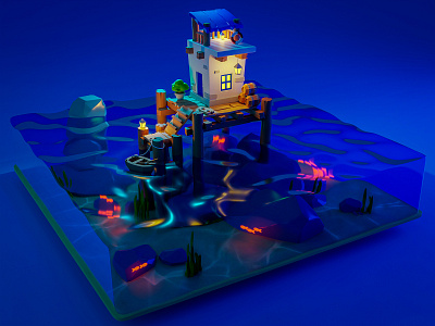 Sea House Night 3d blender blue concept art cute design illustration isometric night render sea water