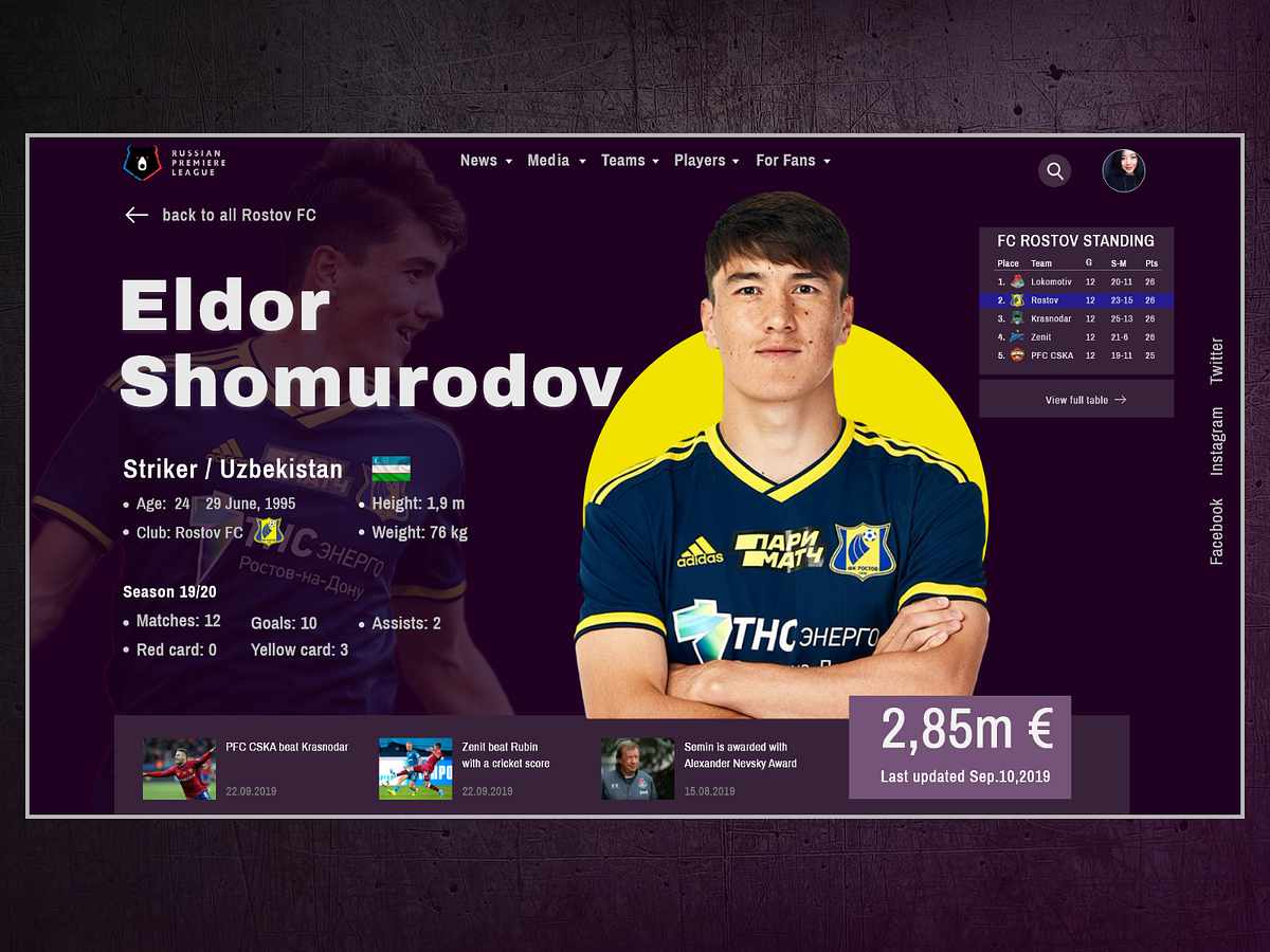 Football Player Profile UI design by Emil Komachkov on Dribbble