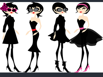 Stylish girls in black cartoonish dress fashion girls illustration lbd style