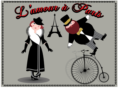 L'amour à Paris bicycle cartoon couple love vintage