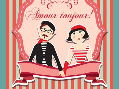 French couple boy card cartoon french girl pop up vintage