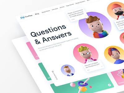 Question and Answers Blog Page for Flow Mapp 3d illustrations avatars blog cinema4d landing page minimalism promotional design questions and answers tooltips ux ux ui webdesign