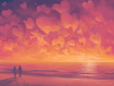 Valentine's Day Card: Sunrise beach clip studio paint clouds couple digital art greeting card hearts illustration love ocean sand valentines valentines day valentines day card