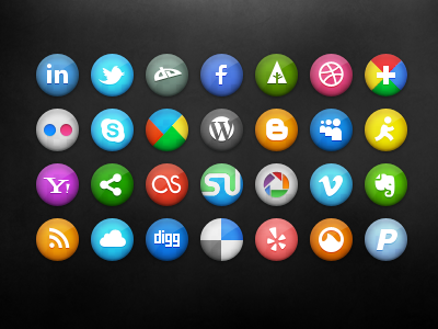 Social Icons 3 aim blogger buzz delicious deviantart digg dribbble evernote facebook flickr forrst google grooveshark last fm linkedin mobileme myspace paypal picasa rss share this skype stumble upon twitter vimeo wordpress yahoo yelp
