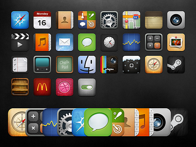 iOS Icon Pack v5 calendar camera chalk compass contacts dribbble finder game center icon instagram ios mail maps mcdonalds messages music notes safari settings shelf steam switch videos winterboard