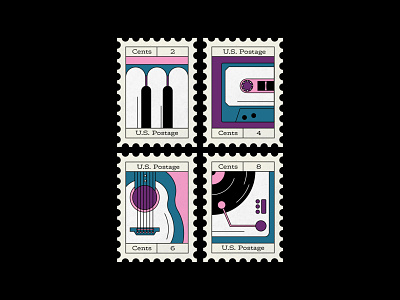 Music themed postage stamps 2d affinitydesigner colorful design flat illustration music musical instrument retro retrowave stamp stamp design vectober vector
