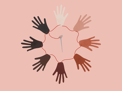 We're All Sewn Together color design diversity hands illustration love millenial minimal pink procreate sewing unity valentines day