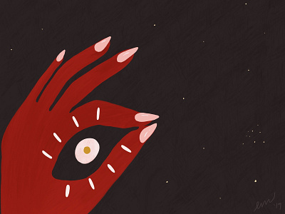 What You See Is What You Do celestial design evil eye gold hands illustration minimal nails pink procreate red