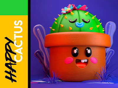 Happy cactus 3d animation arte 3d c4d charachter design creación de personaje diseño illustration kawaii render