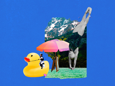 Rarified World abstract collage collage art colorful digital art digital collage dive dive in duck mountains retro riding swimmer water web design website website design weird