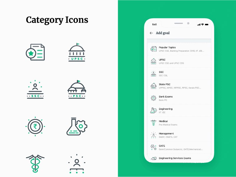 Icons for Goal Categories on Unacademy Learning App app branding icon identity illustration line drawing
