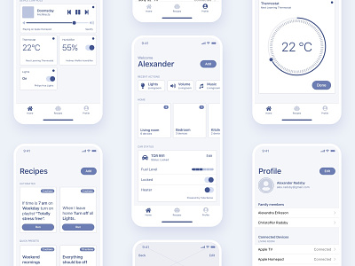 Smart Home App Concept Wireframes app controller design icon ifthisthenthat ifttt internet of things ios iot mobile profile recipes remote smart smart home ui user experience ux vector wireframes