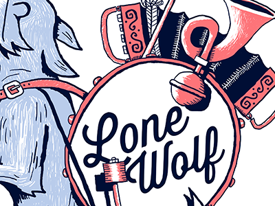 Lone Wolf band drum horn print screen sketch wolf