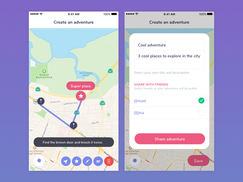 Ar Adventures – Adventure creation select friends share map view pink label pink button pins map ios augmented reality ar app
