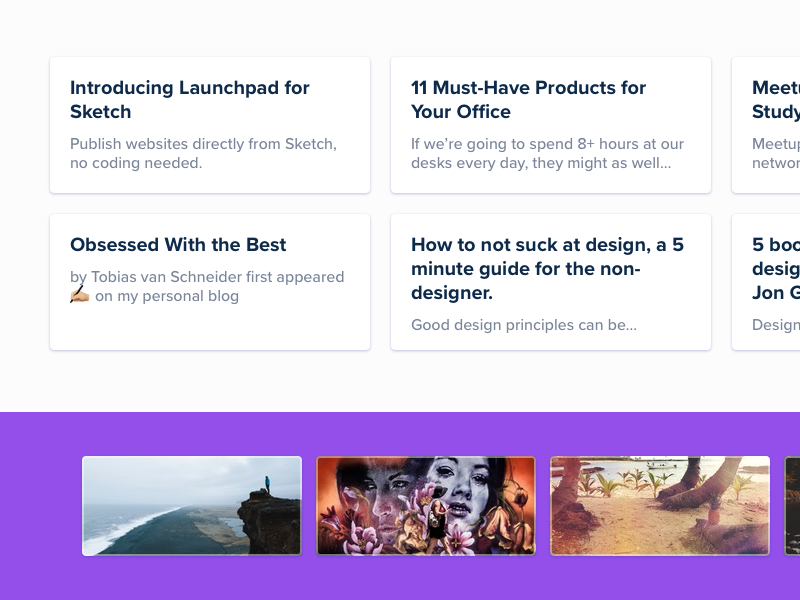 iotaCSS — Medium.com visuals 1/3 blog articles purple minimal clean grid landing page website