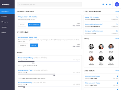 Course dashboard blue communication course dashboard education management tool ui ux user experience user inteface