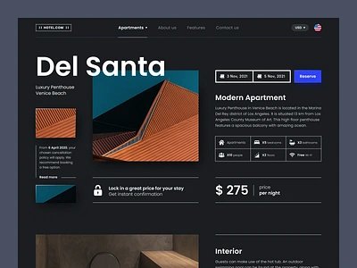 Del Santa - Rental & Booking of houses apartment black booking dark theme dark ui desktop figma homepage house modern rental smart typography ui ux website