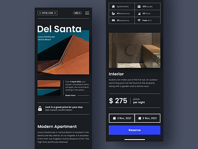 Del Santa - Rental & Booking of houses - Mobile version adaptive black booking dark dark mode dark theme dark ui exterior figma grid hotel house interior layout mobile mobile version rental typography ui ux