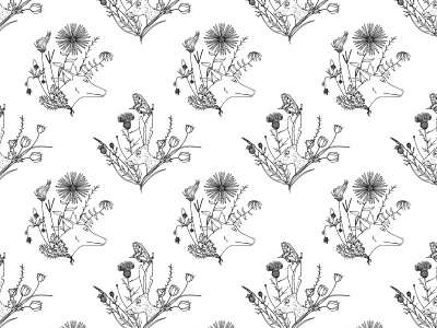 Pattern coyote hare illustration prairie prairie flowers screenprint