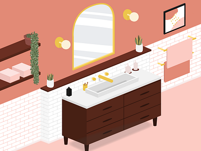 Dream Bathroom 3d adobe art bathroom design dream gold illustration illustration art illustrator mirror nature pink png style tiles towel vector yellow