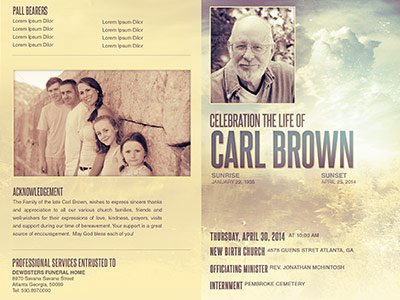 Celebrating the Life Funeral Program Template 014 beige bi fold blue brochure bulletin celebration church deceased event father full page funeral home going in loving memory in memory of interim loswl male marketing memorial memorial service memoriam modern obituary order of service program service template yellow