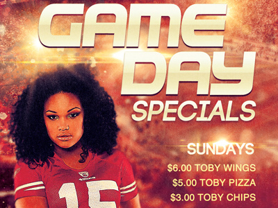 Tobys Game Day Specials Flyer athletics bar basketball college football event flyers flyers football football football bar football flyer template football party flyer game day game day price list game day specials hockey loswl make flyer make flyers menu menu flyer party flyer price list soccer bar sport club sports sports bar sports event sports flyer summer superbowl tailgate