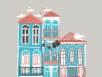 My hometown blue cat city grey houses porto red sea seagulls