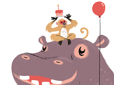 Hip Hippo balloon birthday card hippo illustration monkey