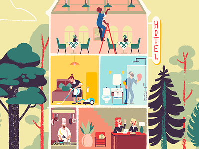 Inside the Hotel animation architecture building characters flat illustration hotel visual development