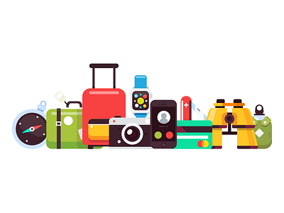 Travel pack apple binoculars camera camping compass flat icons illustration iphone knife vector watch