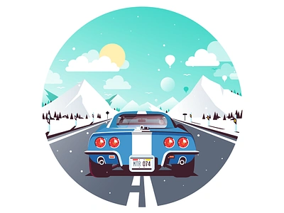 Corvette Road Trip car corvette flat icon illustration mountains print road snow sun vector winter