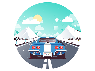 Corvette Road Trip car corvette flat icon illustration mountains print road snow sun vector winter