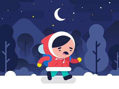 Run Away! art boy character concept flat illustration night sky snow stars tree winter