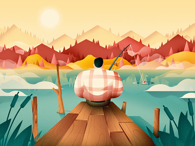 Fishing In Autumn art character flat illustration landscape mountains nature print vector wallpaper water wood