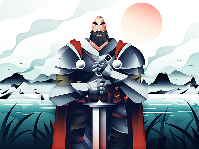 Medieval Brute adventure armour character flat illustration landscape mountains sword vector water