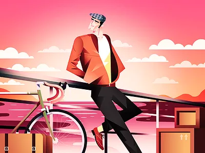 Skipping Town bicycle character flat illustration lake landscape pink print shadows sky vector water