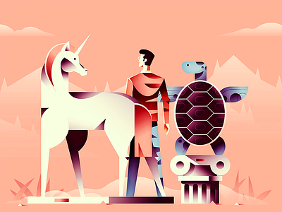 SaaS Podcast Cover character cover design gradient illustration landscape minimal retro statue turtle unicorn vector