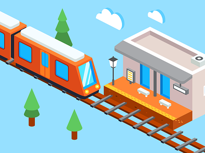 Isometric train and station flat isometric station train vector