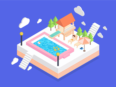 swimming pool brand branding child cloud colorful colors green illustration pink pool purple water white