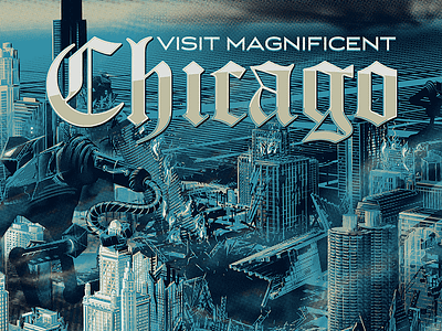 Uprising: The Ruins of Chicago (Blue Variant) art chicago city drawing map poster robot ruins screen print store