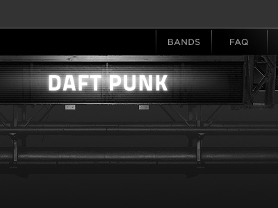Rock Concert UI 3d band black daft punk depth detail glow greyscale header interface music navigation pipes sign social network ui web design website white work in progress